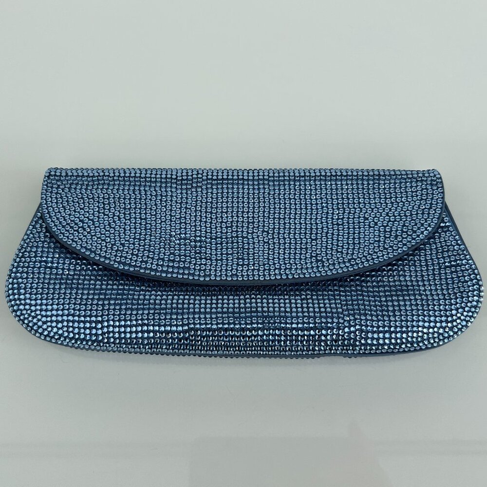 JUDITH LEIBER BLUE CRYSTAL SATIN CONVERTIBLE CLUTCH BAG